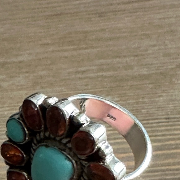 925 and genuine turquoise and amber stone adjustable cluster ring - Picture 11 of 13